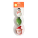 A package of three metal holiday cookie cutters shaped like a snowman, ornament, and tree.