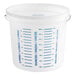 A white plastic Midwest Rake mixing container with blue measurements.