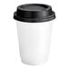 A white Choice paper hot cup with a black lid.