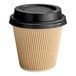 A brown Choice paper hot cup with a black ripple design and black lid.