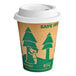 A white paper EcoChoice cup with a tree print and the words "save on" with a sugarcane lid.