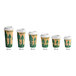 A row of EcoChoice paper coffee cups with tree print designs and white lids.