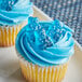 A cupcake with blue frosting and Albanese Blue Raspberry Gummi Bears on top.