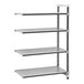 A grey metal Cambro Camshelving Elements XTRA add-on unit with white shelves.