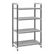 A grey metal shelving unit with four vented shelves.