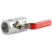 An Avantco water drain valve with a stainless steel ball and red handle.