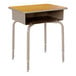 A Flash Furniture student desk with a maple laminate top and silver metal legs with a shelf on it.
