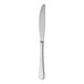 A stainless steel dessert knife with a silver handle on a white background.