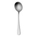 A close-up of a RAK Youngstown Kampton stainless steel round bowl soup spoon with a silver handle.