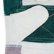 A pair of Cordova canvas work gloves with green and white stripes and leather palms.