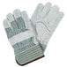 A pair of Cordova canvas work gloves with green and white stripes and leather palms on a white background.
