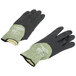 A pair of Cordova small cut-resistant work gloves with black foam nitrile palms and black and green fabric.