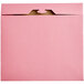 A pink Baker's Mark donut box with a cut out top.