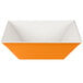 A sunset orange square melamine bowl with white edges.