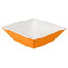 An orange and white square GET Keywest melamine bowl.