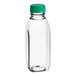 A 12 oz. clear PET square juice bottle with a dark green lid.
