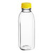 A 16 oz. clear PET plastic juice bottle with a yellow lid.