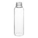 A clear round PET juice bottle with a black lid.
