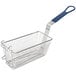 A natural gas countertop fryer with a wire basket with a blue handle.