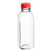 A clear plastic bottle with a red cap.