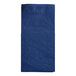 A navy blue Hoffmaster Quickset square dinner napkin folded into a pocket.