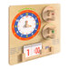A Flash Furniture wooden wall activity board with a clock, numbers, and a dial.
