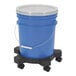 A blue 5 - 7 gallon pail on wheels.