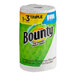A Bounty paper towel roll with a green and yellow label.
