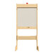 A wooden double-sided STEAM easel with a white board and storage tray.