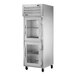 A True silver reach-in refrigerator with glass doors on white background.