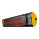 A black and yellow Big Ass Fans Obsidian indoor/outdoor electric heater with red lights.