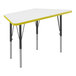 A white and yellow trapezoid table with black legs and yellow trim.
