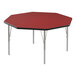 A red octagonal Correll activity table with silver legs and black edges.