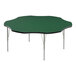 A green table with silver legs and a black edge.