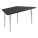 A black trapezoid table with silver legs.