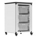 A white and black Luxor aluminum storage cabinet on wheels with plastic bins.