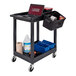 A black 24x18 utility cart with 2 shelves and bins holding a laptop and tools.