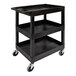A black plastic utility cart with three shelves and wheels.