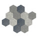 A grey hexagon with white background and blue and white hexagons.
