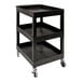 A black plastic utility cart with three shelves and wheels.