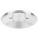 A close-up of a silver Vollrath Miramar low dome lid with a handle.