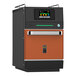 A burnt orange Pratica Fit high-speed oven with a digital display.