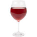 A Stolzle burgundy wine glass filled with red wine.