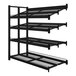 A black metal shelving rack with four mesh shelves.