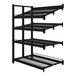 A black metal Wanzl beer cave cooler shelving unit with four shelves.