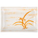 A white rectangular plate with orange orchid designs on it.