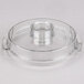 A clear plastic Waring flat bowl cover with a circular hole.