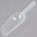 A clear plastic scoop with a handle on a gray background.