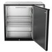 A black Beverage-Air back bar refrigerator with a solid door open.