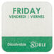 A white and green square food labeling sticker with the word "Friday" in green text.